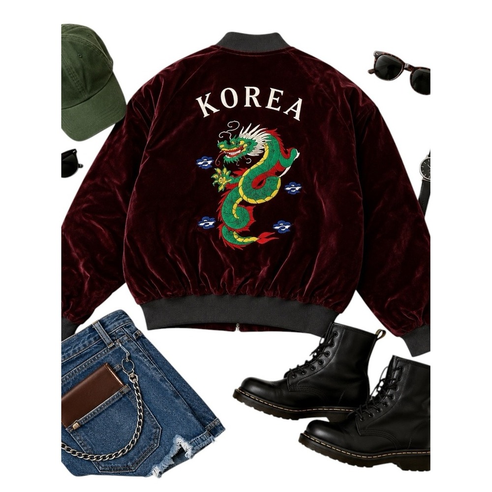 Vintage Korea Velvet Souvenir Dragon Bomber Jacket Dennis Burgundy Rare Large